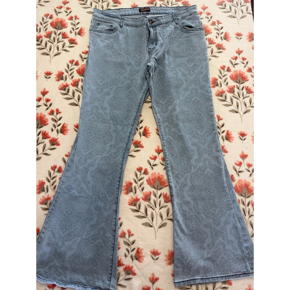 Run & Fly Women Blue Paisley Print Flare Jeans Retro 70s Wide Leg 40L